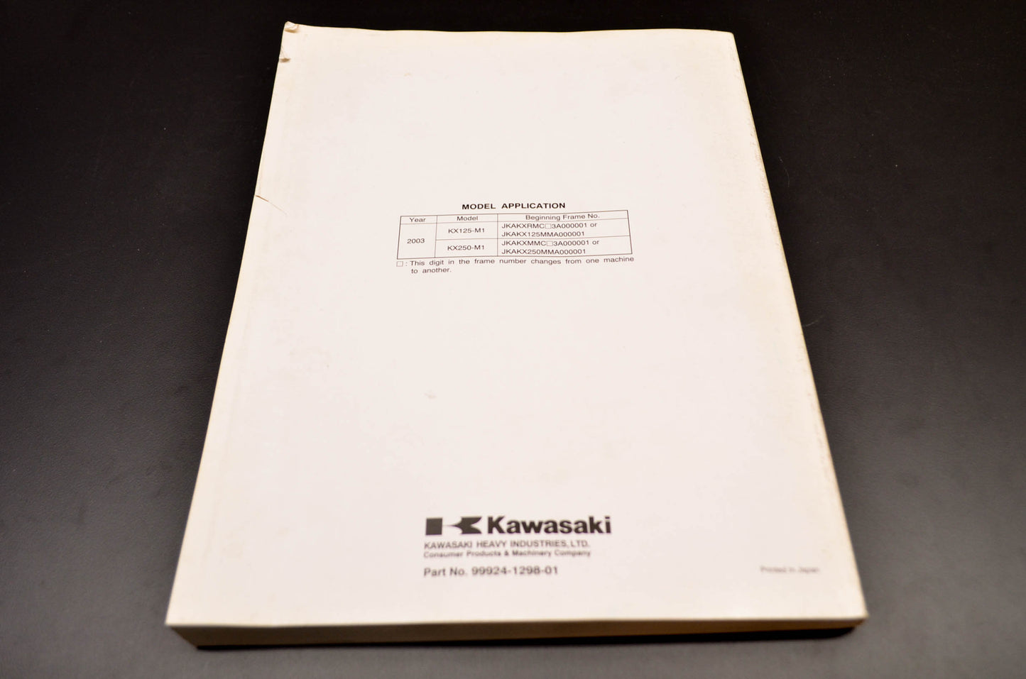 OEM Kawasaki 99924-1298-01 Service Manual KX125M/KX250M NOS
