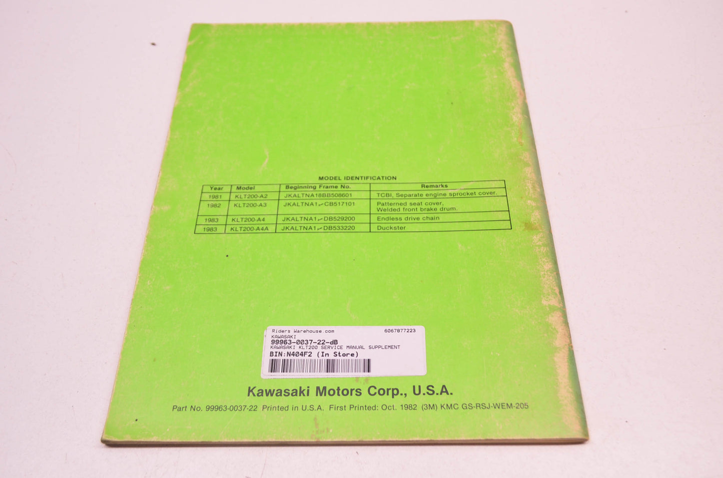 OEM Kawasaki KLT200 Service Manual Supplement