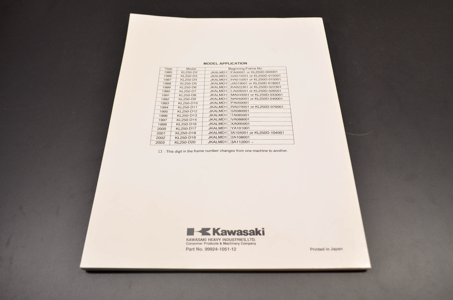 OEM Kawasaki 99924-1051-12 Service Manual KL250D NOS