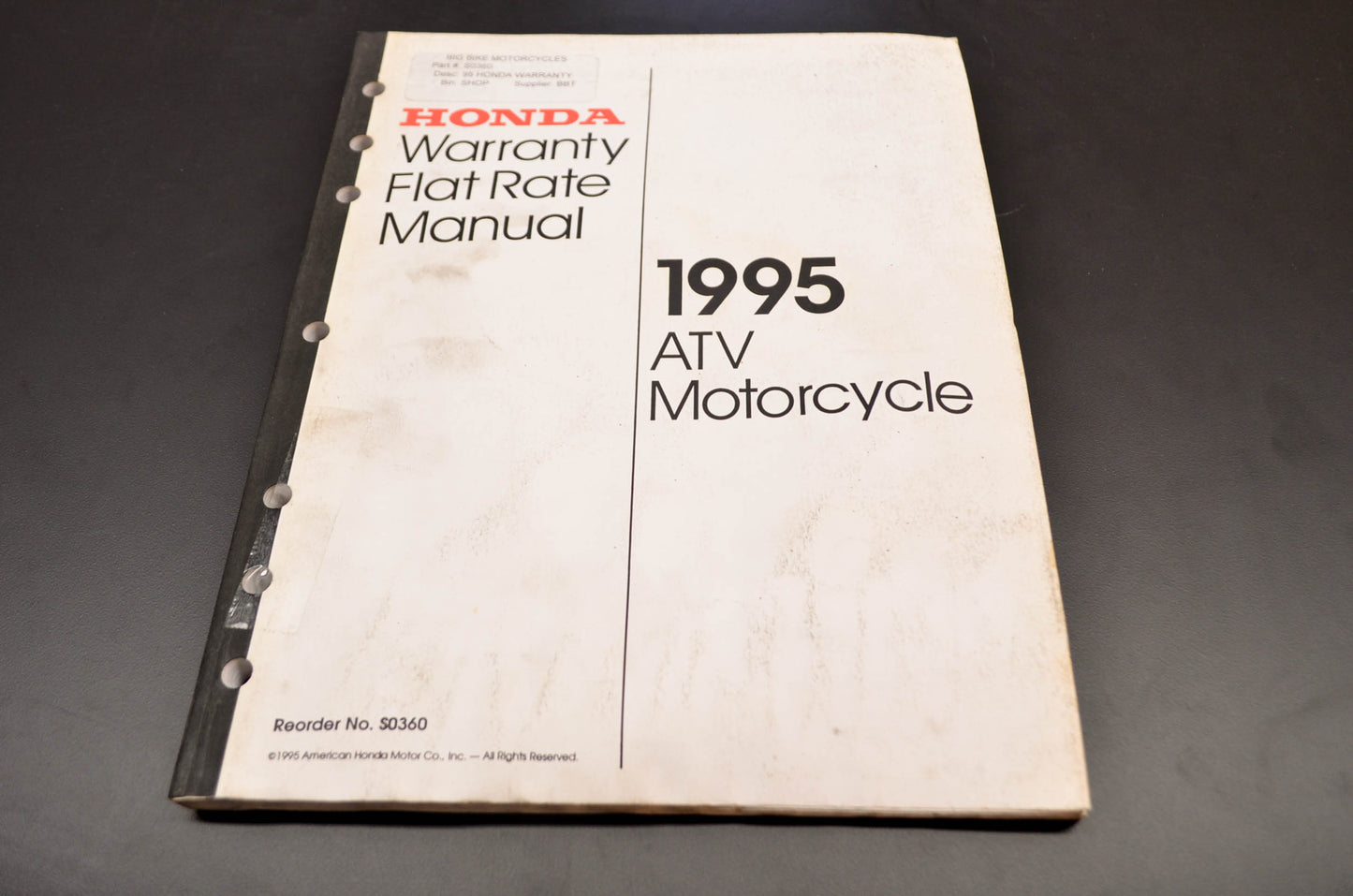 OEM Honda S0360 95 ATV Motorcycle Warranty Flat Rate Manual