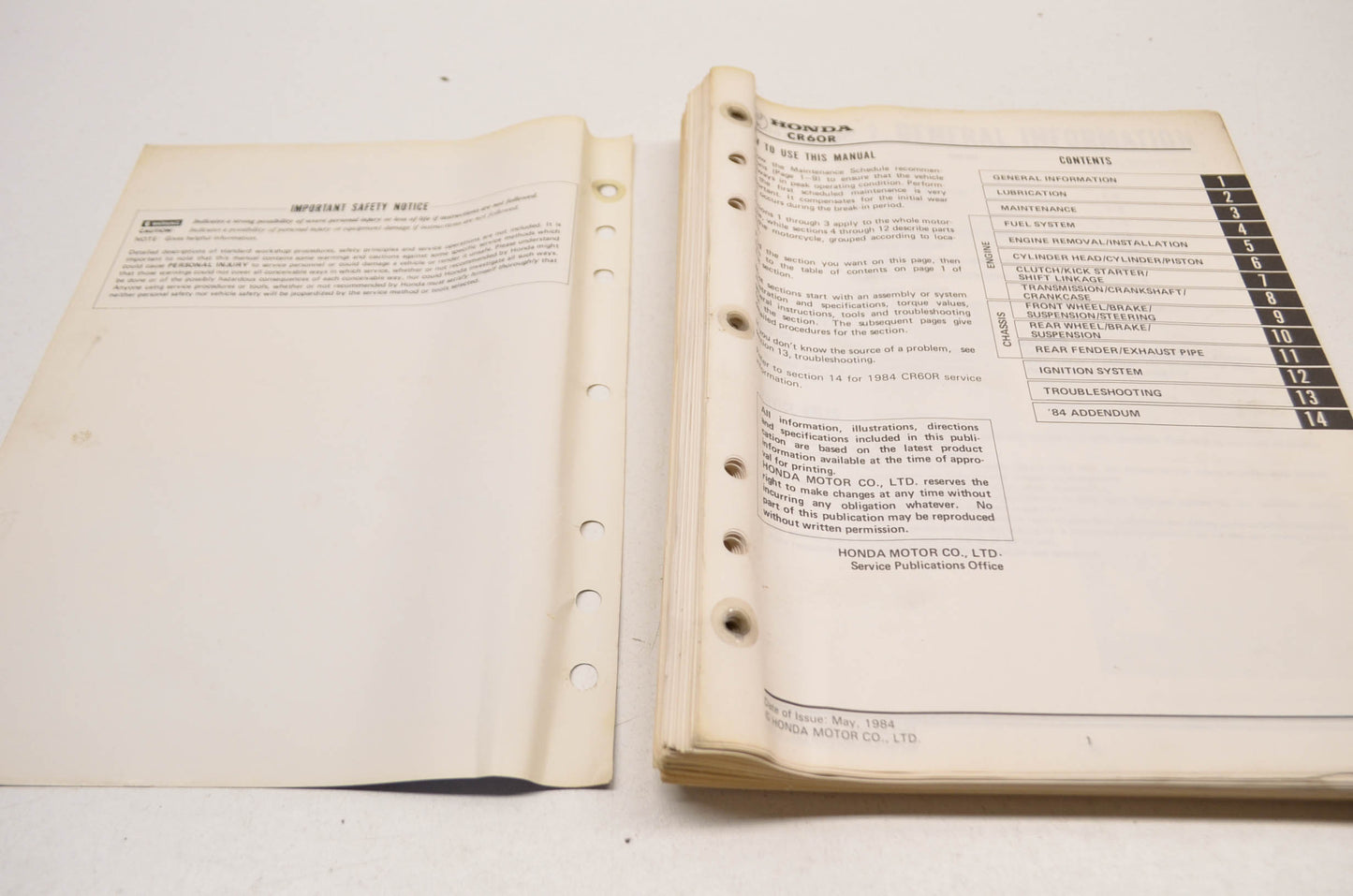 OEM Honda CR60R Shop Manual 83-84 CR60R.