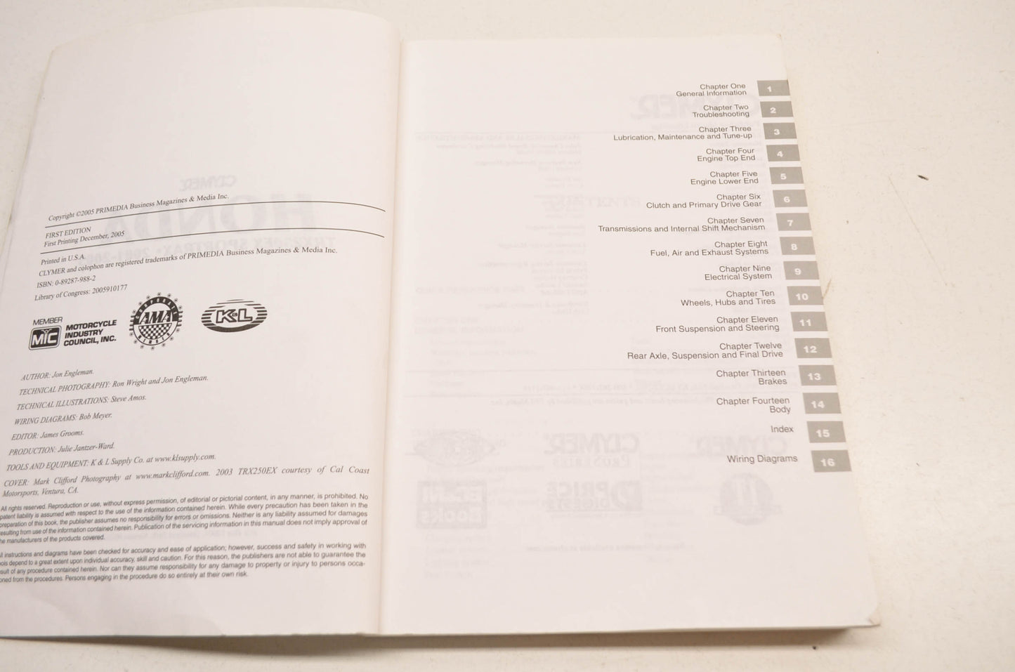 Clymer Honda TRX250 EX Service Manual 01-05 TRX250EX Sportrax.