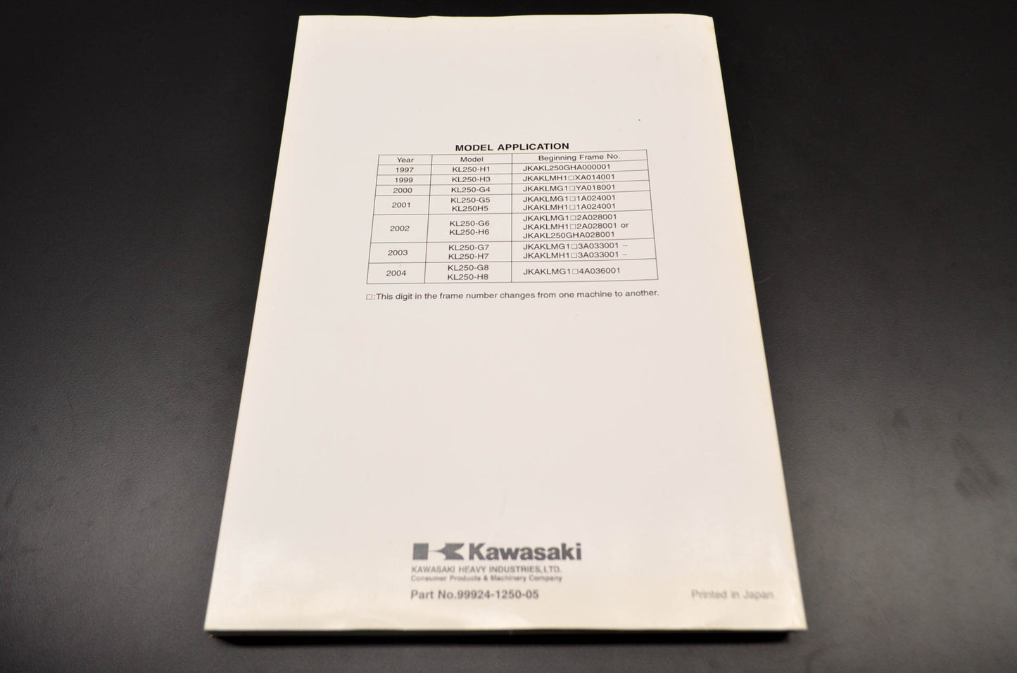 OEM Kawasaki 99924-1250-05 Service Manual KL250G NOS