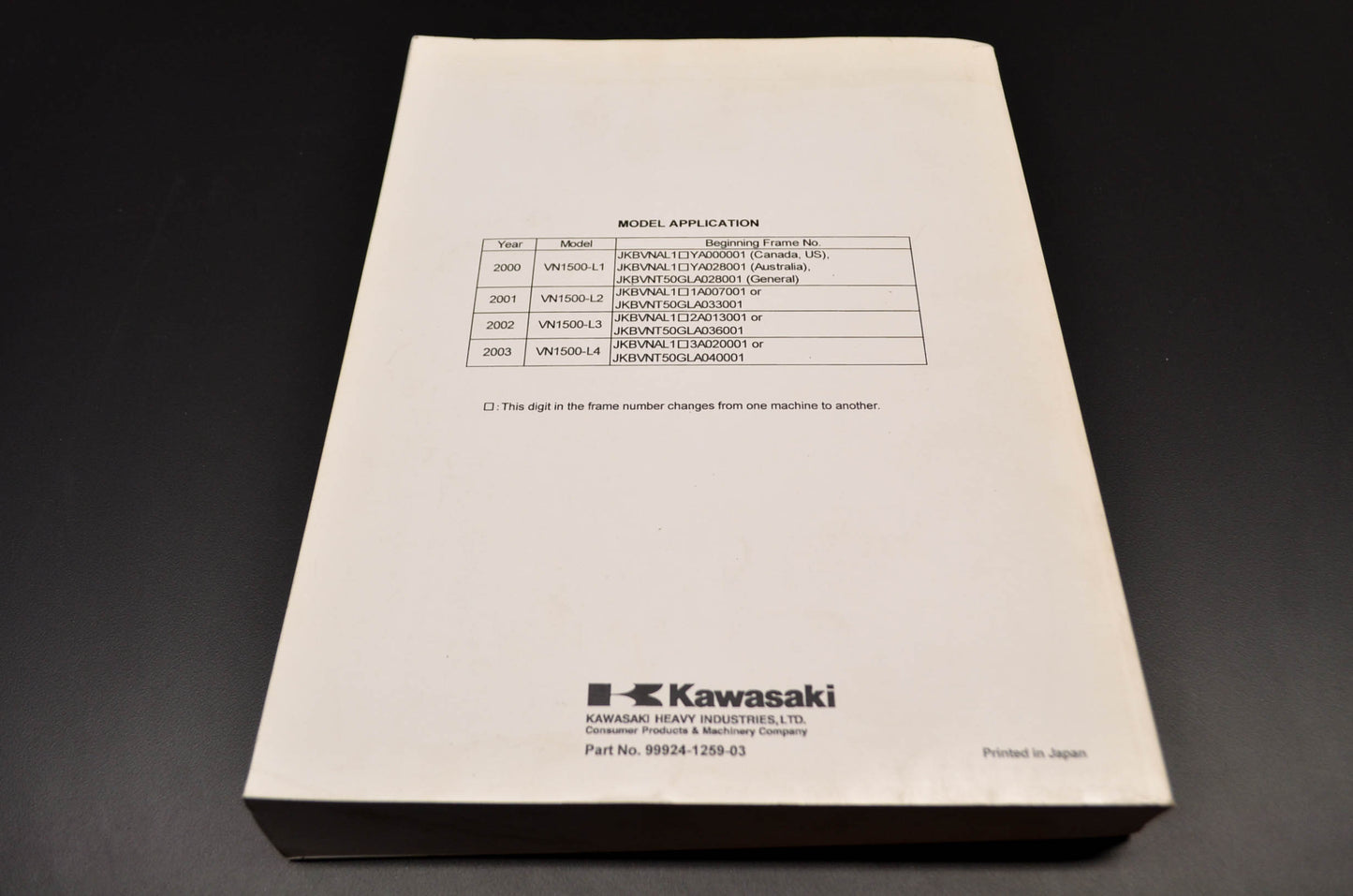 OEM Kawasaki 99924-1259-03 Service Manual VN1500L NOS