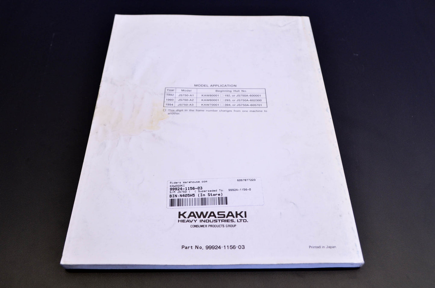 OEM Kawasaki 99924-1156-03 Service Manual JS750A/B