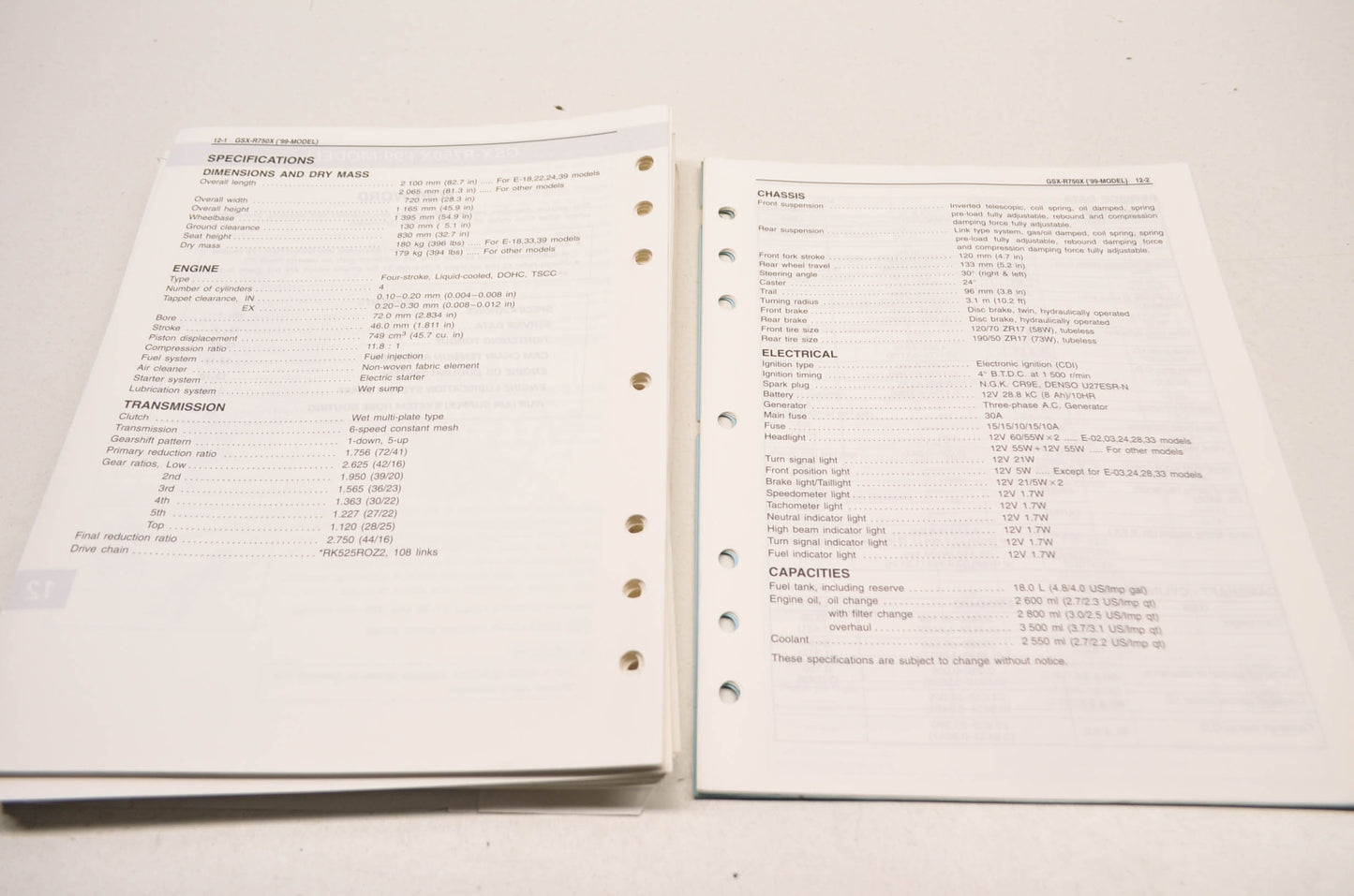 OEM Suzuki GSX-R750 Service Manual 98 GSX-R750W, 99 GSX-R750X.