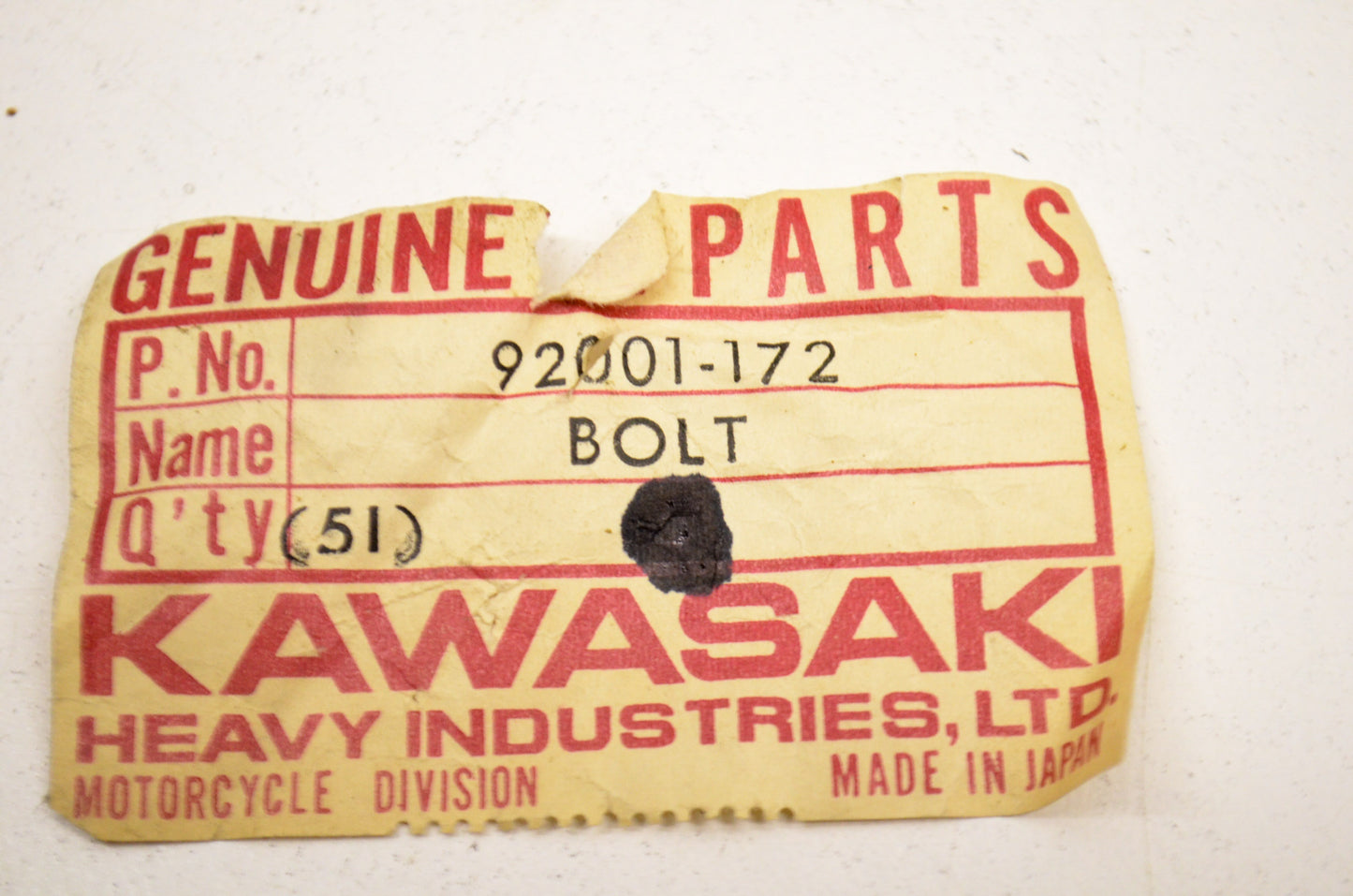 OEM Kawasaki 92001-172 Bolt 10X40 NOS