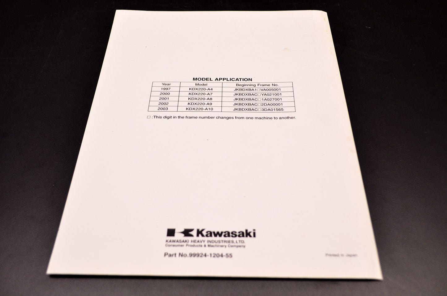 OEM Kawasaki 99924-1204-55 Service Manual Supplement KDX220A NOS