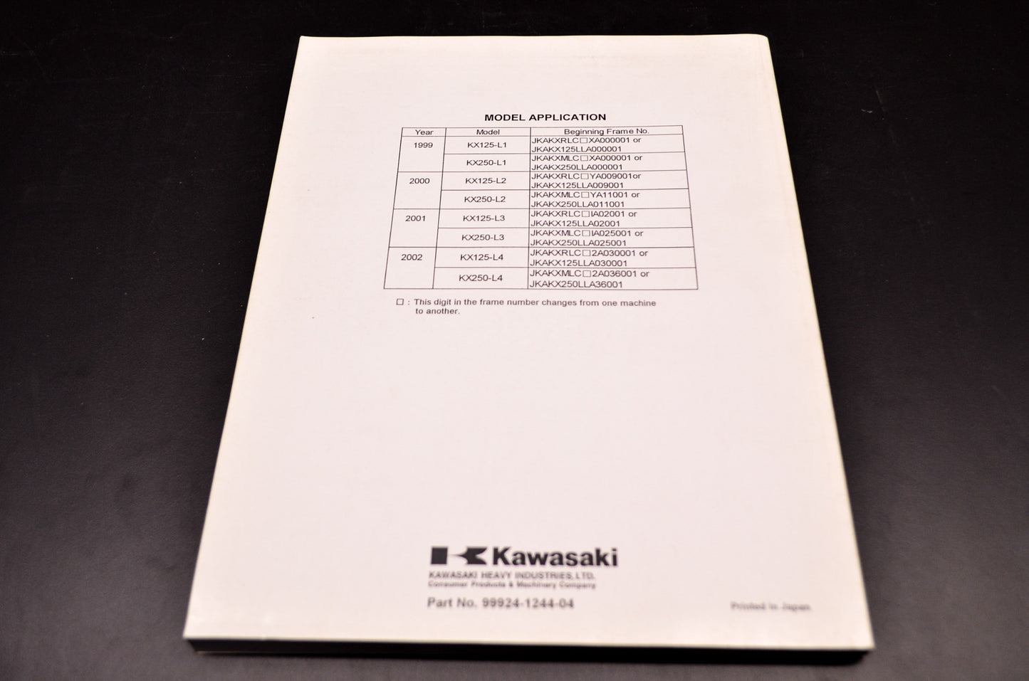 OEM Kawasaki 99924-1244-04 Service Manual KX125/250L NOS