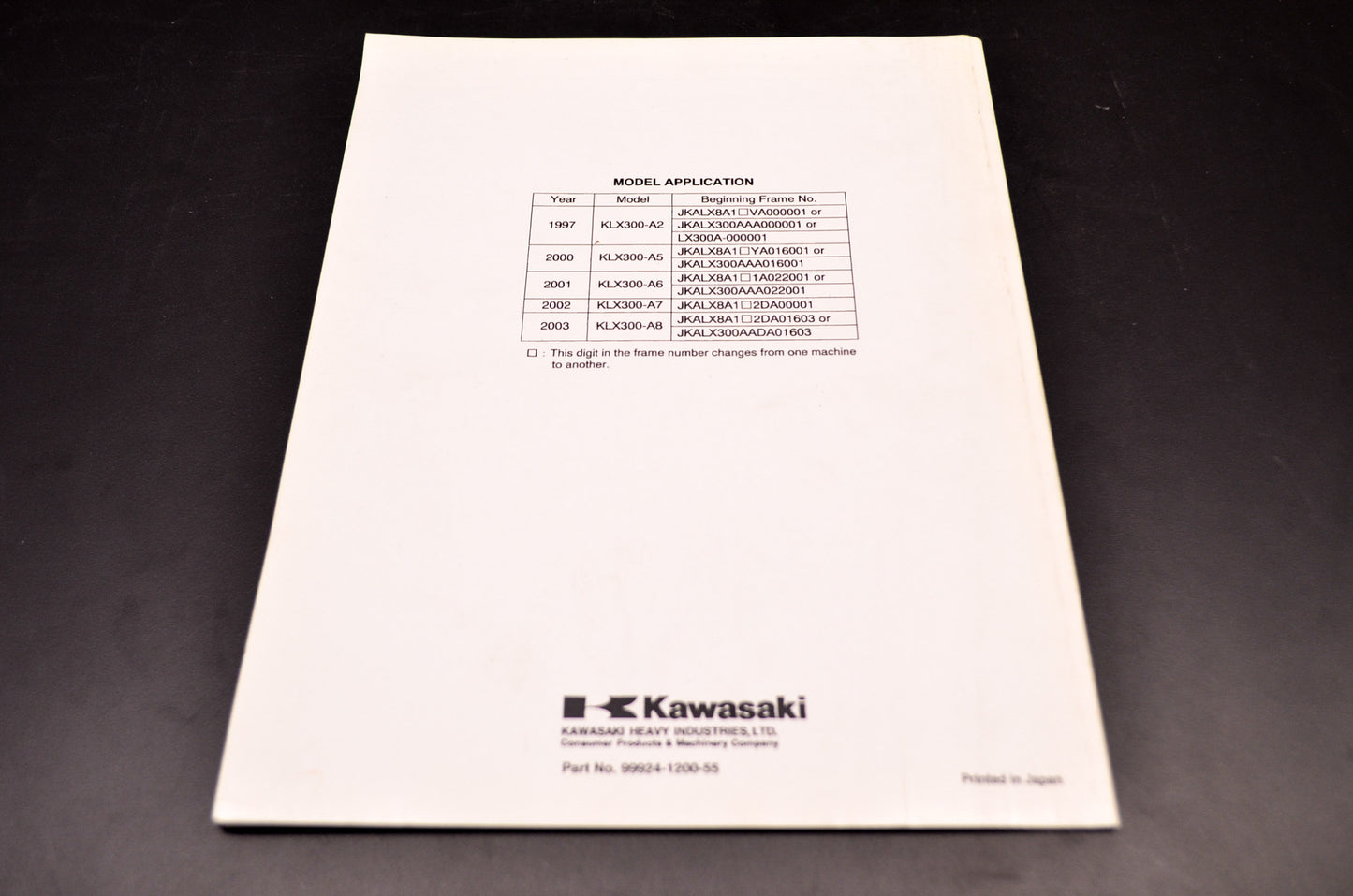 OEM Kawasaki 99924-1200-55 Service Manual Supplement KLX300A NOS