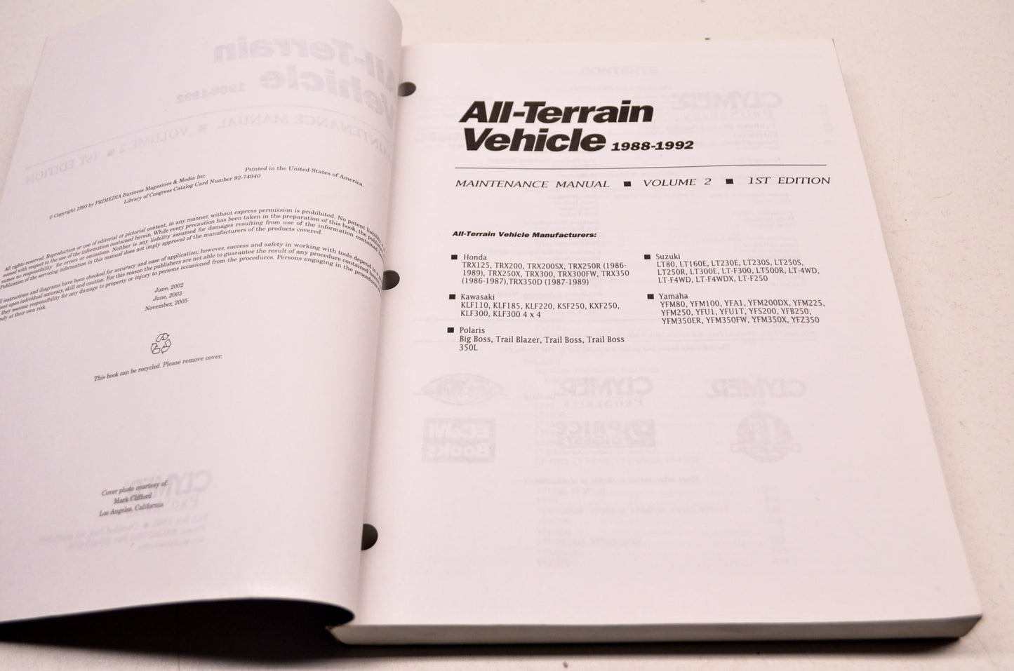 Clymer ATV2-1, 9780872885141 88-92 ATV Maintenance Manual 1st Edition Volume 2 N