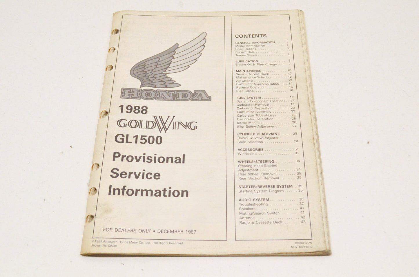 OEM Honda Provisional Service Information 1988 Gold Wing GL1500