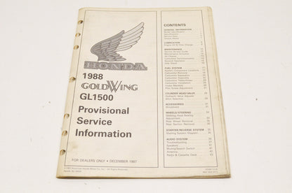 OEM Honda Provisional Service Information 1988 Gold Wing GL1500