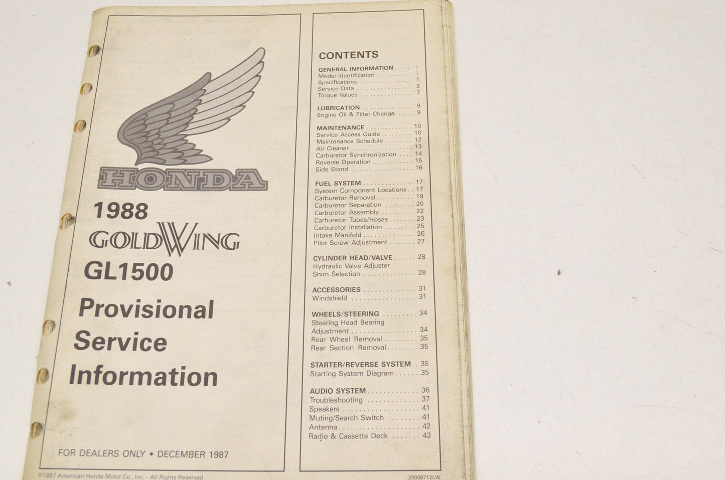 OEM Honda Provisional Service Information 1988 Gold Wing GL1500