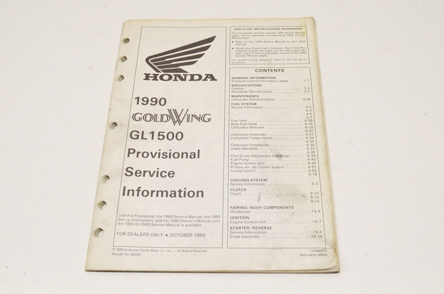 OEM Honda 17008909, MSV 4838 (8909) Provisional Service Information 90 Goldwing GL1500