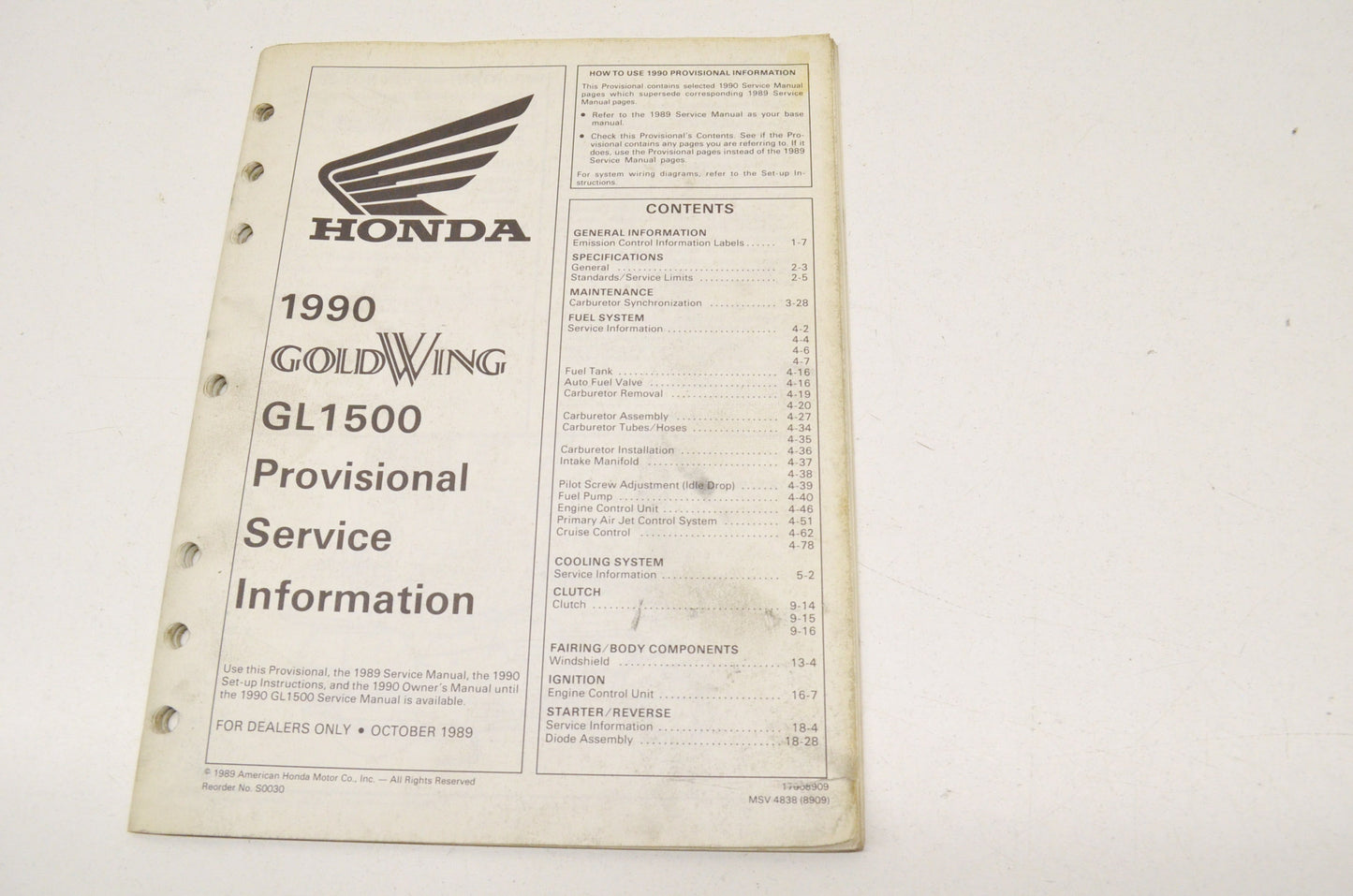 OEM Honda 17008909, MSV 4838 (8909) Provisional Service Information 90 Goldwing GL1500