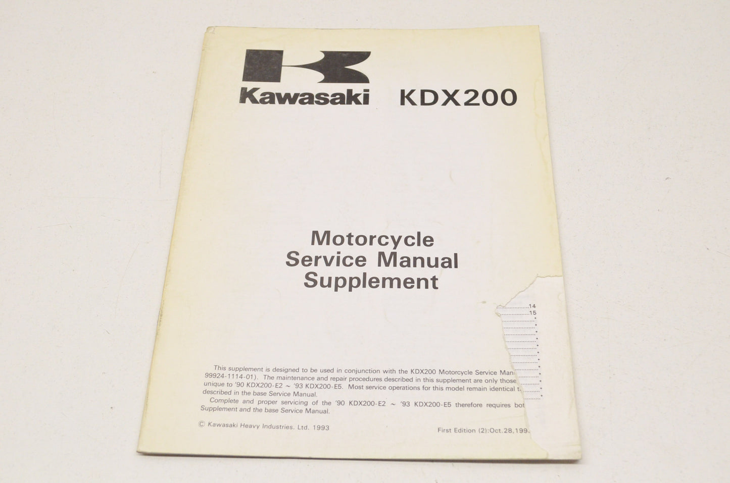 OEM Kawasaki 99924-1166-51 Service Manual Supplement KDX200E6