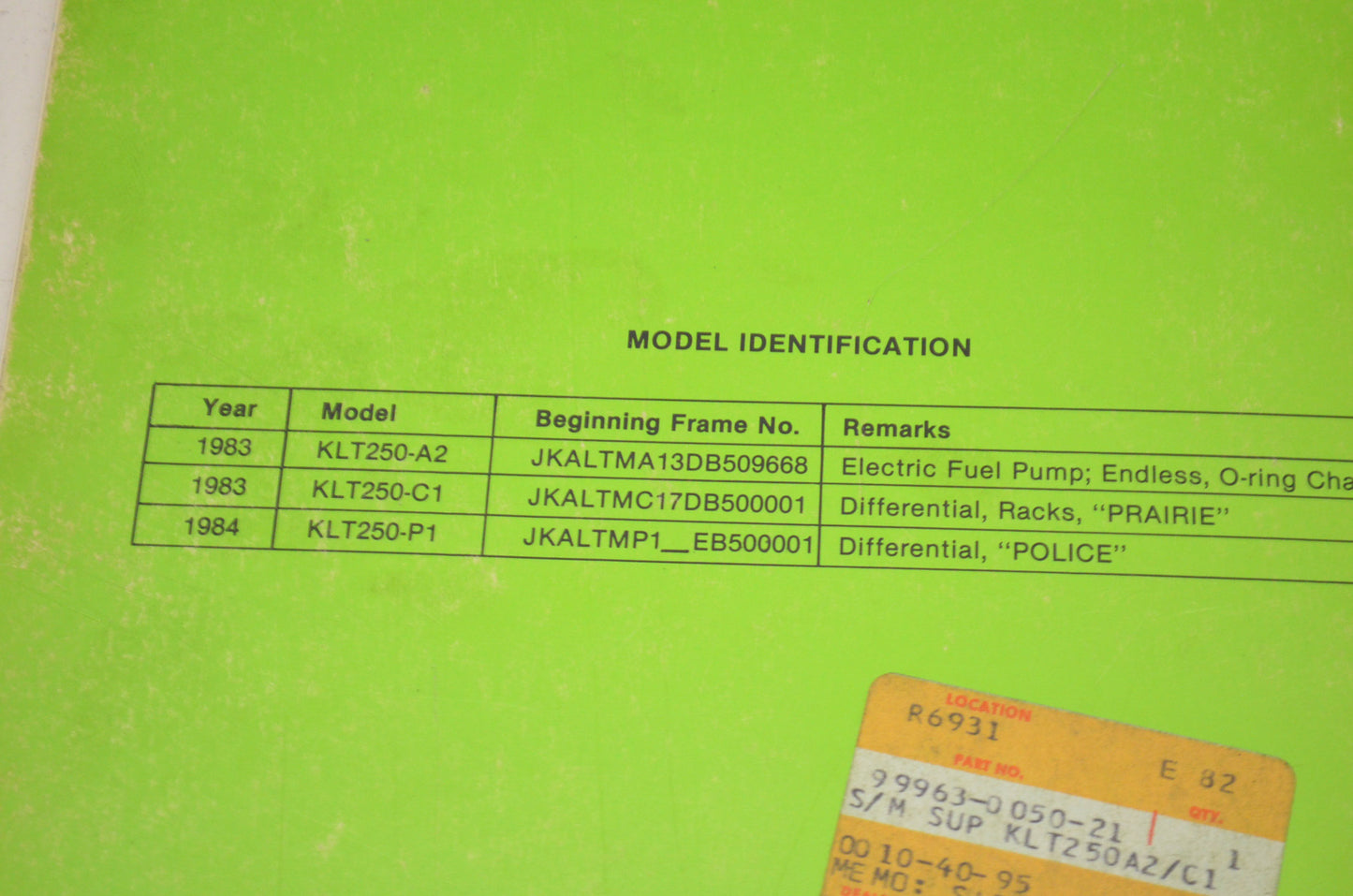 OEM Kawasaki Service Manual Supplement 83-84 KLT250