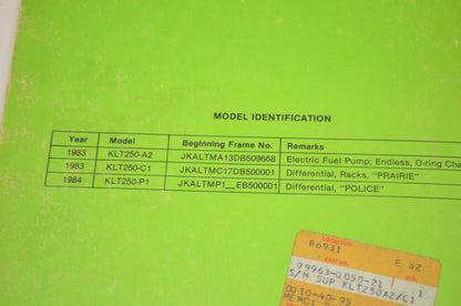 OEM Kawasaki Service Manual Supplement 83-84 KLT250