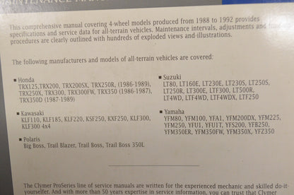 Clymer All-Terrain Vehicle 88-92 Maintenance Manual 1st Edition Volume 2