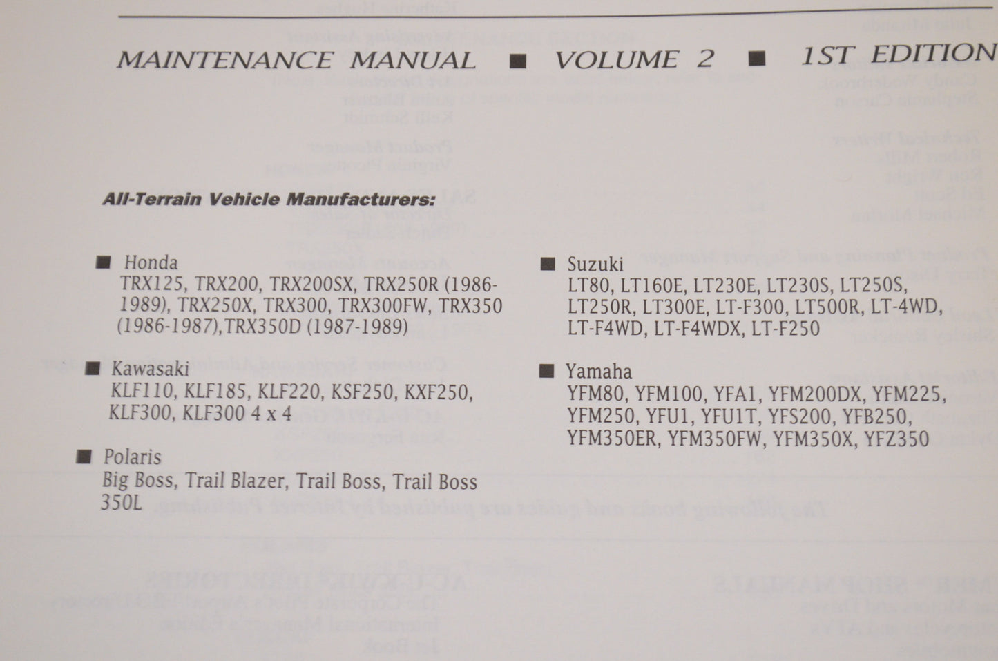 Intertec All-Terrain Vehicle 88-92 Maintenance Manual 1st Edition Volume 2