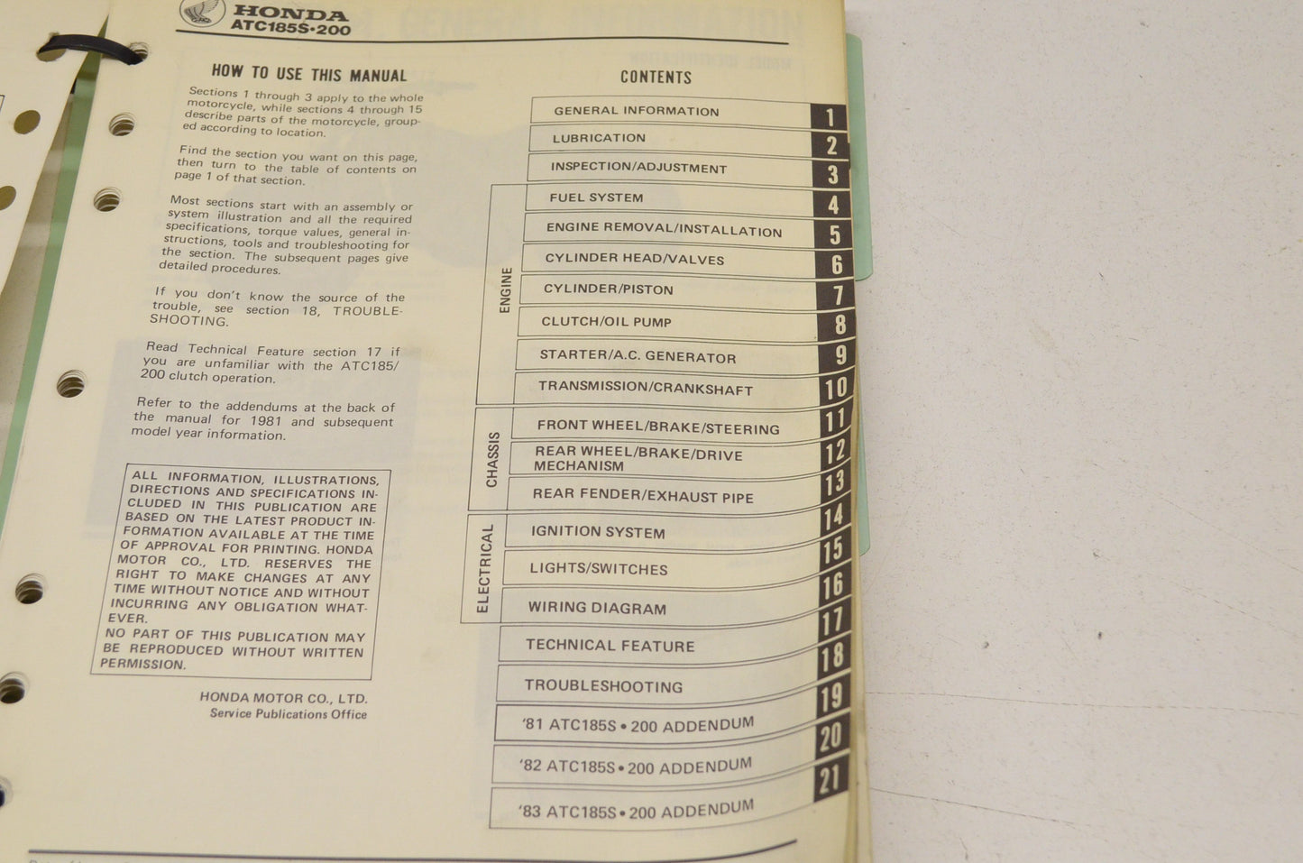 OEM Honda Shop Manual ATC 185, 185S 200