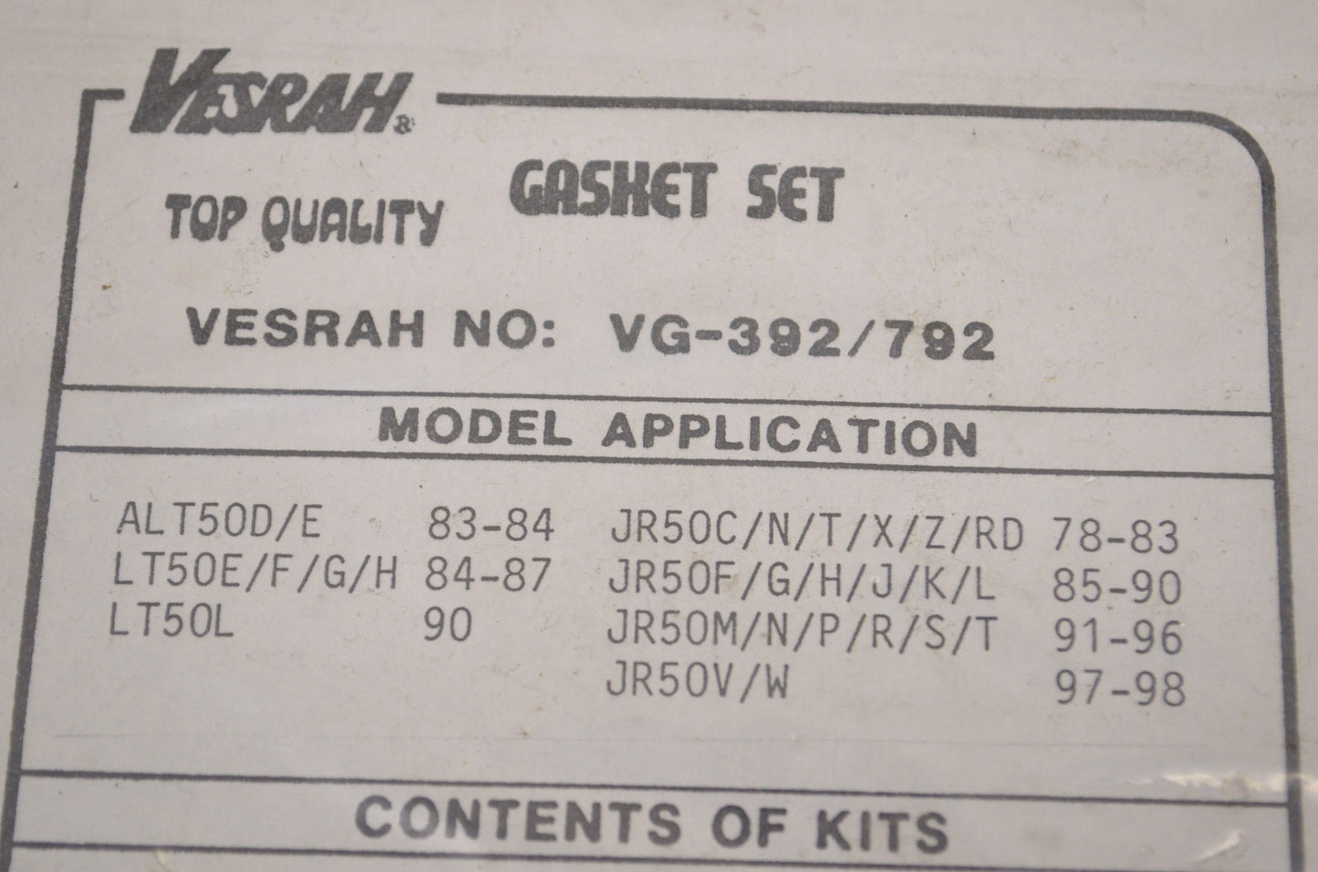 Vesrah VG-392, GK-427 Gasket Kit NOS