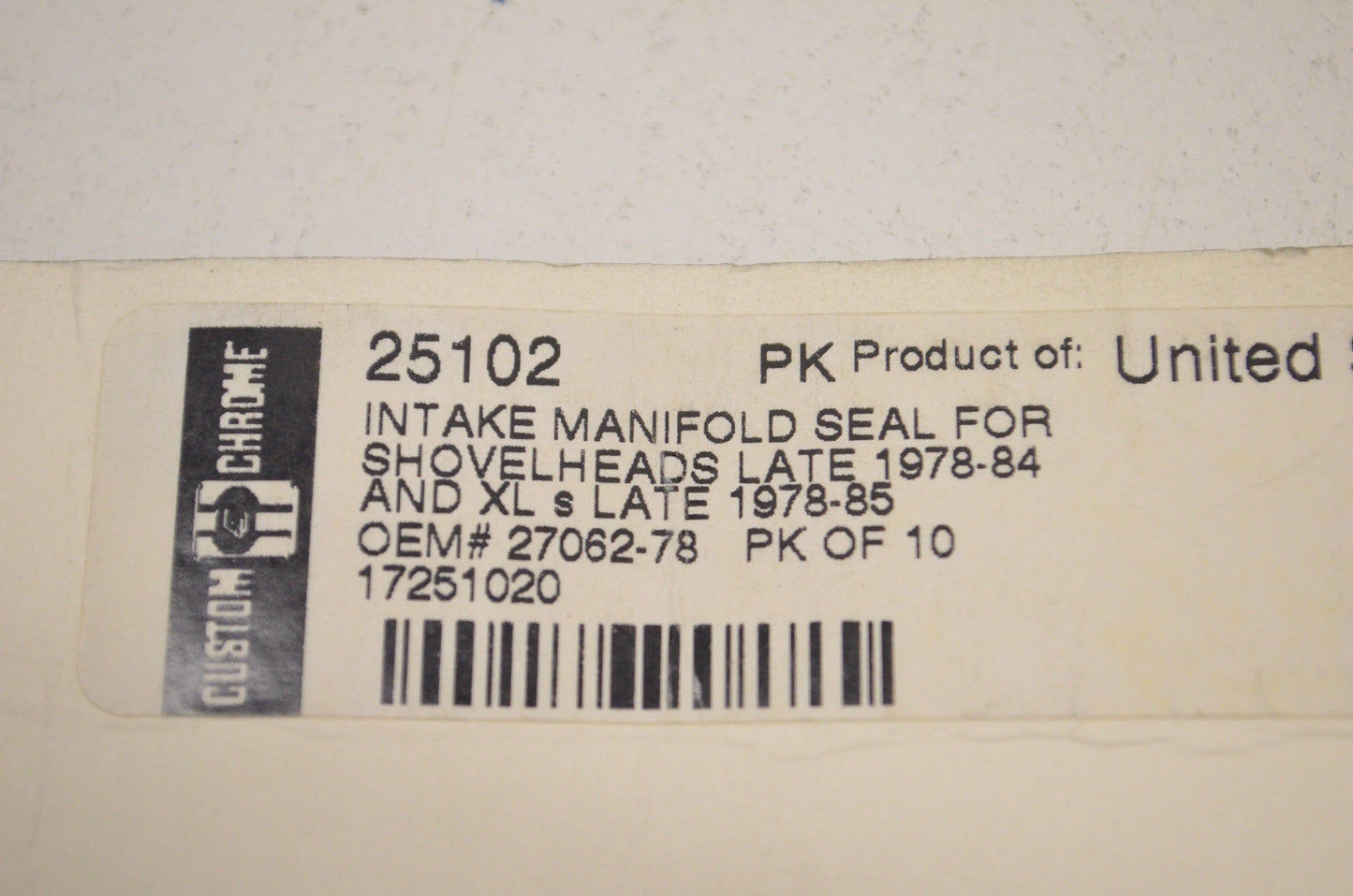 Custom Chrome 25102, 2762-78 Intake Manifold Seal NOS