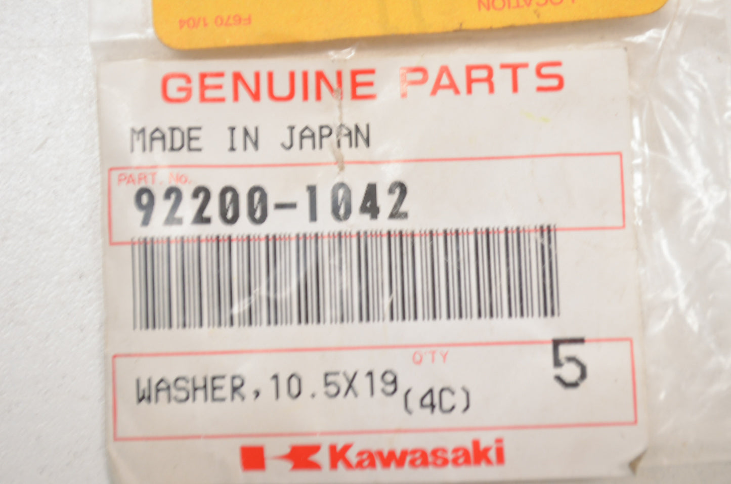 OEM Kawasaki 92200-1042 Washer 10.5X19X2.3 NOS