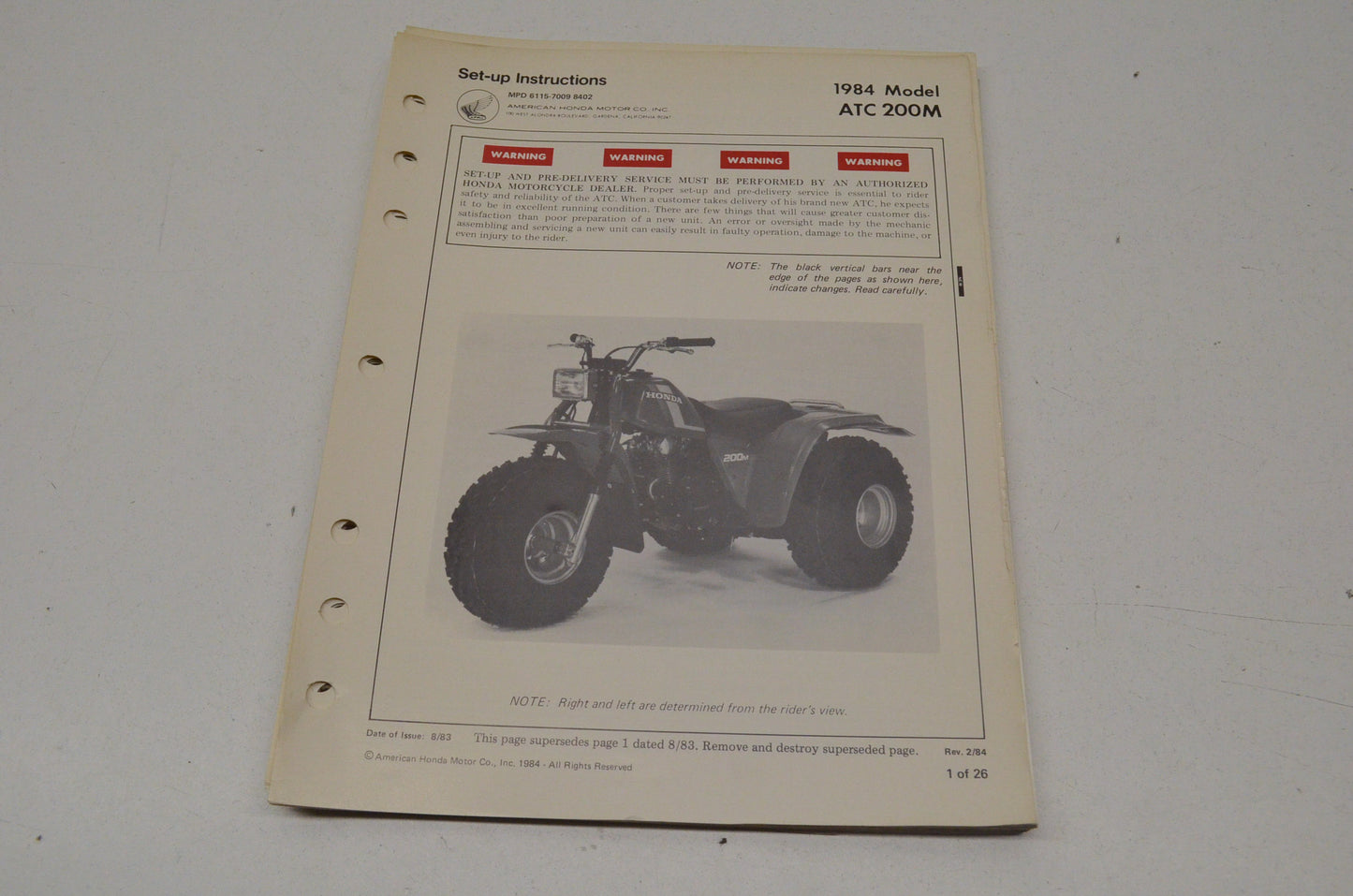 OEM Honda 6115-7009-8402 ATC200M Set-up Instructions 84 84 ATC200M