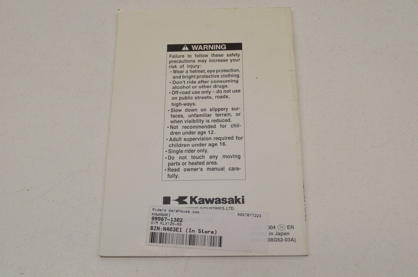 OEM Kawasaki 99987-1302 Owner's Manual KLX125-A3