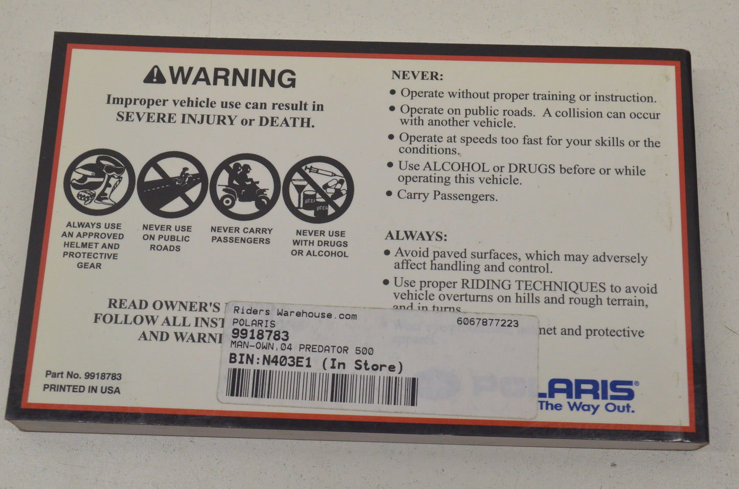 OEM Polaris 9918783 Owner's Manual 04 Predator 500 NOS