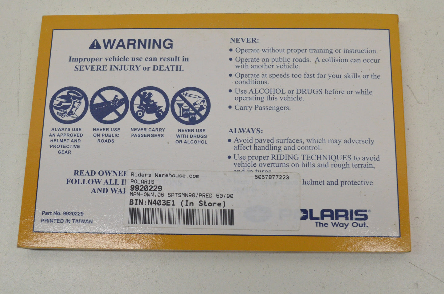 OEM Polaris 9920229 Owner's Manual 06 Sportsman 90/PRED 50/90 NOS