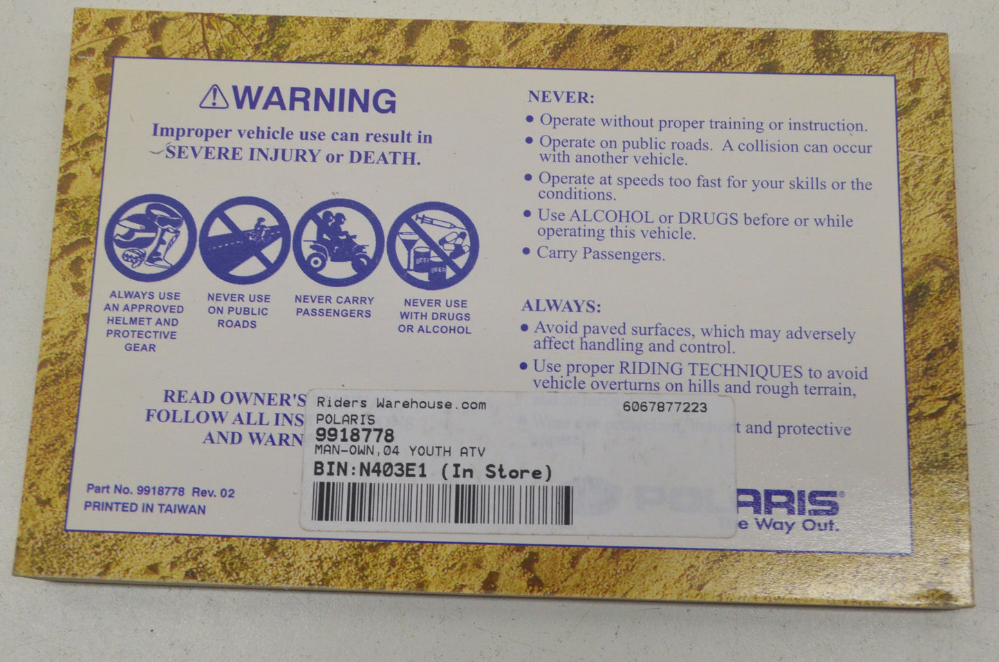 OEM Polaris 9918778 Owner's Manual 04 Youth ATV NOS