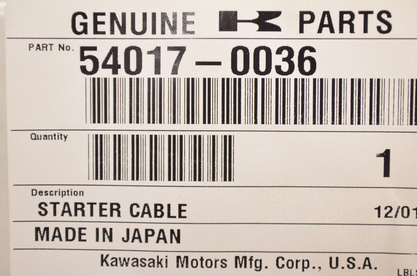 OEM Kawasaki 54017-0036 Starter Cable NOS