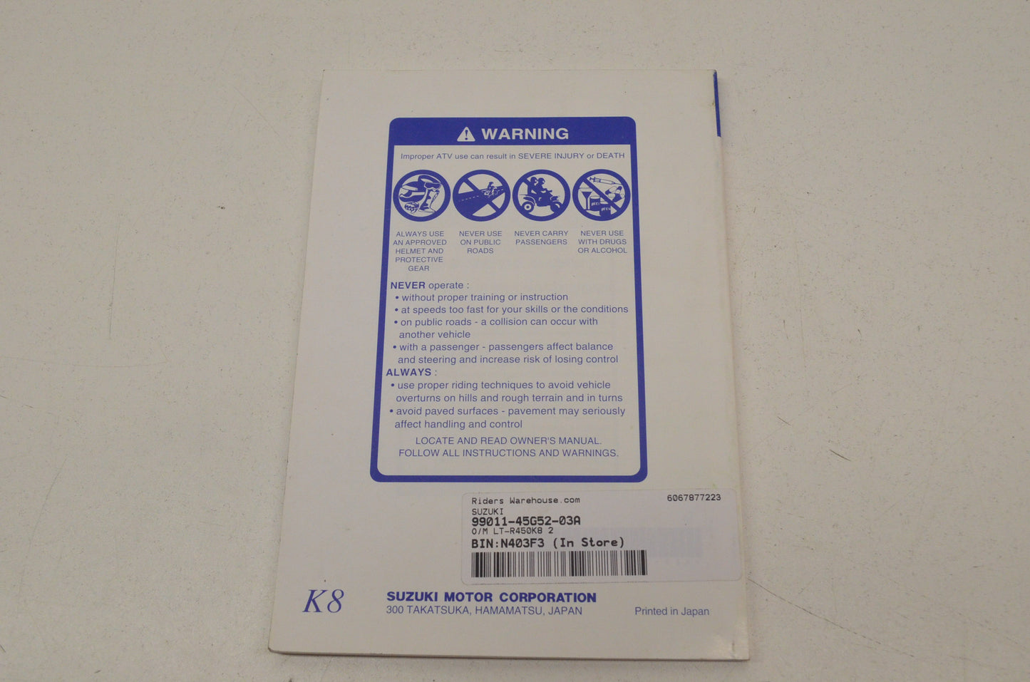 OEM Suzuki 99011-45G52-03A Owner's Manual LT-R450K8 2 NOS