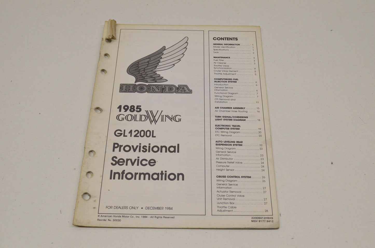 OEM Honda 85 Goldwing GL1200L Provisional Service Information 85 Goldwing GL1200