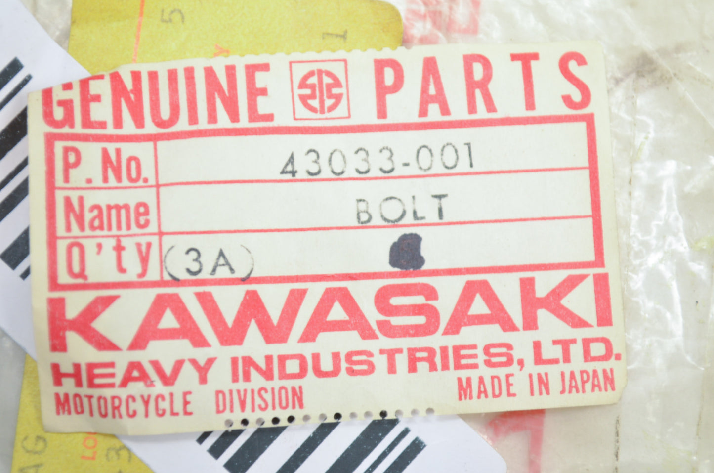 OEM Kawasaki 43033-001 Lever Fitting Bolt NOS
