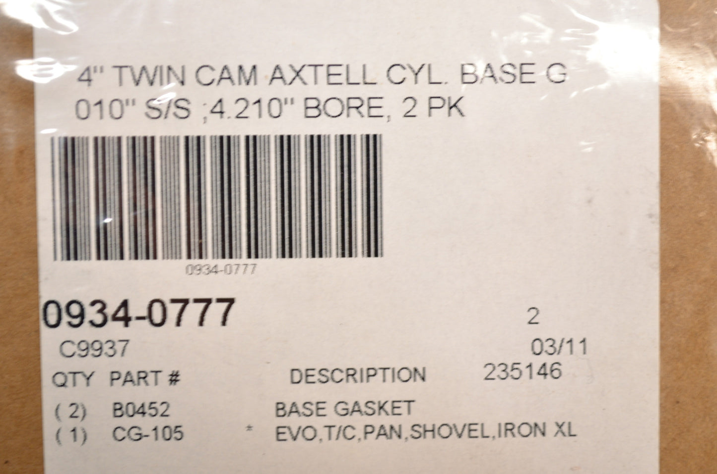 Cometic 0934-0777, C9937 Cylinder Base Gasket 421' Bore Qty 2 NOS