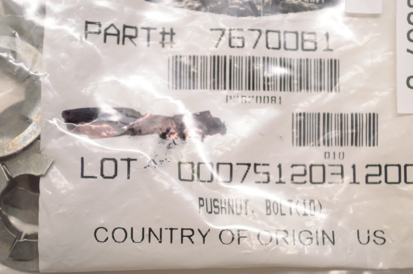 OEM Polaris 7670081, 0007512031200 Bolt Pushnut NOS