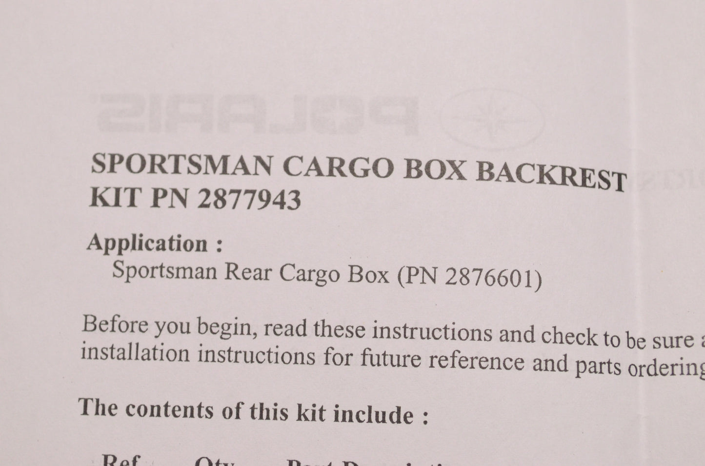 OEM Polaris 2877943 Back Rest Cargo Box NOS