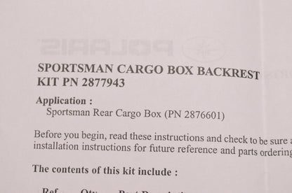 OEM Polaris 2877943 Back Rest Cargo Box NOS