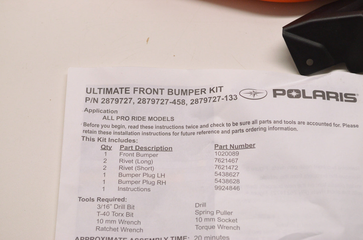 New OEM Polaris Pro-Ride Extreme Front Bumper Kit Orange NOS