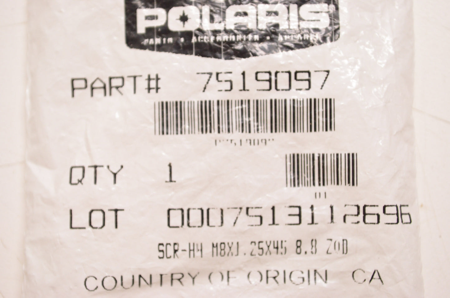 OEM Polaris 7519097 Screw HH M8X1.25X45 NOS
