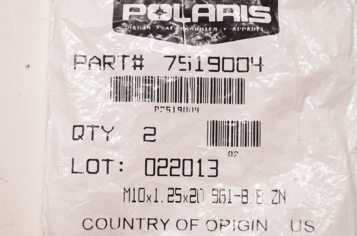 OEM Polaris 7519004 Screw M10X1.25X20 8.8 HH Qty 2 NOS
