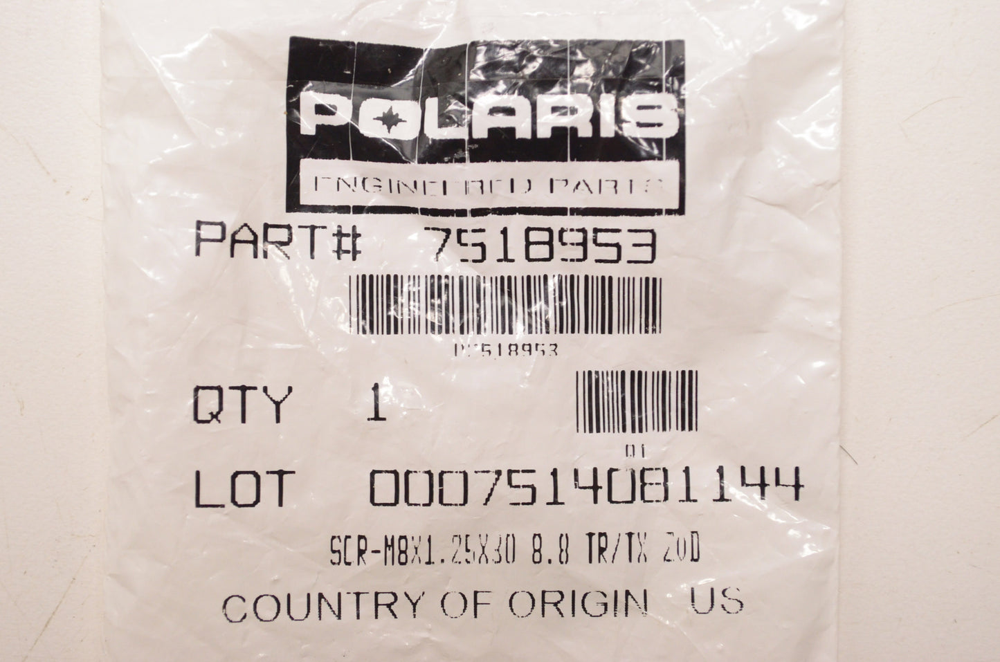 New OEM Polaris Screw M8X1.25X30 8.8 TR/TX ZOD NOS