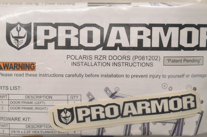 Pro Armor P081202 Aluminum Doors Solid Panel 08-12 Polaris RZR800 NOS