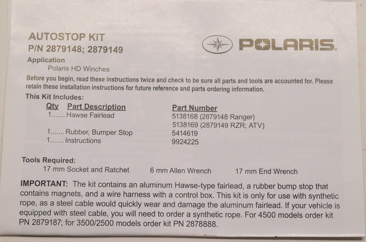 Pro HD 3500 Winch Upgrade Kit NOS