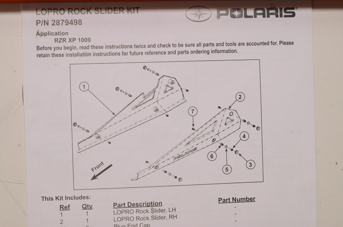 OEM Polaris 2879498-589 Orange Lopro Rock Slider Kit NOS