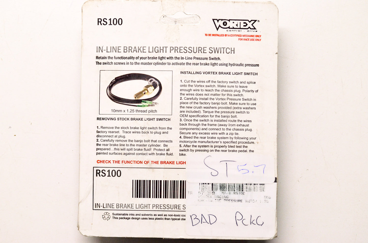New Vortex Racing Brake Inline Pressure Switch Sensor NOS